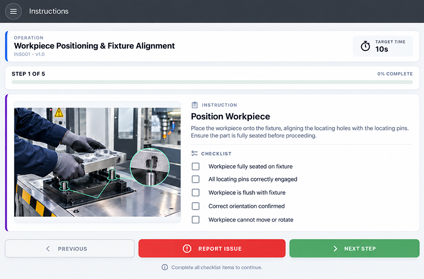 Screenshot of a guided work instruction app showing a step-by-step checklist with a reference photo